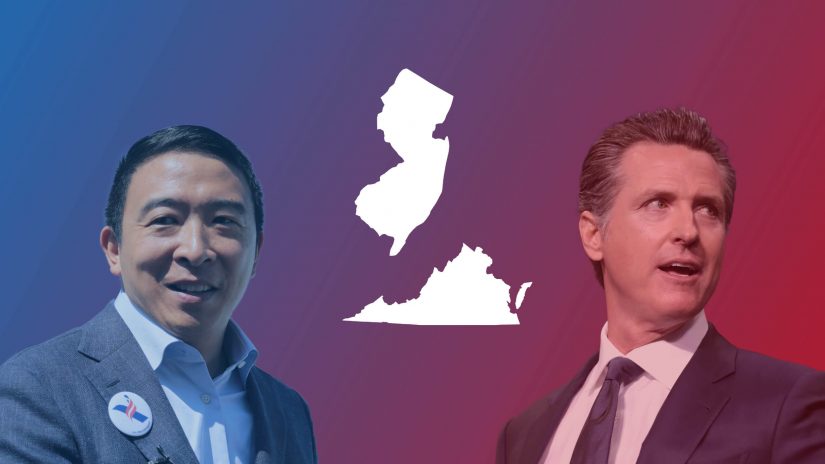 Andrew Yang (v.l.) will New Yorks nächster Bürgermeister werden und der Demokrat Gavin Newsom muss in Kalifornien um sein Gouverneursamt bangen.